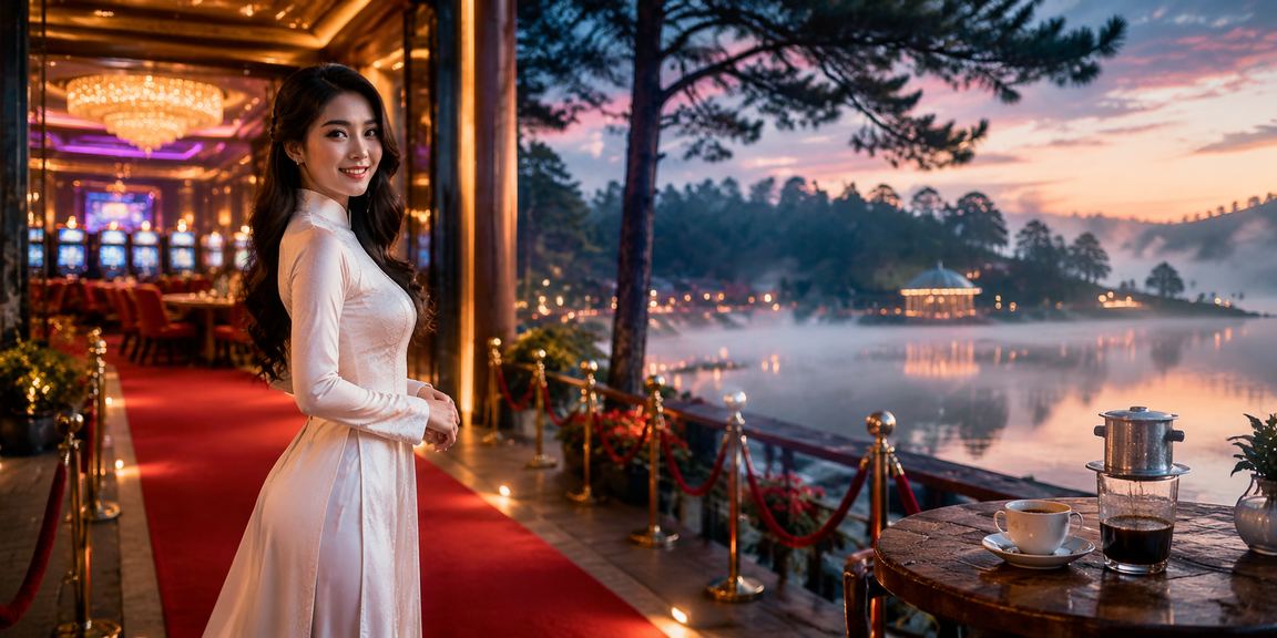 Người chơi casino tại Đà Lạt mặc áo dài thực hiện giao dịch trực tuyến